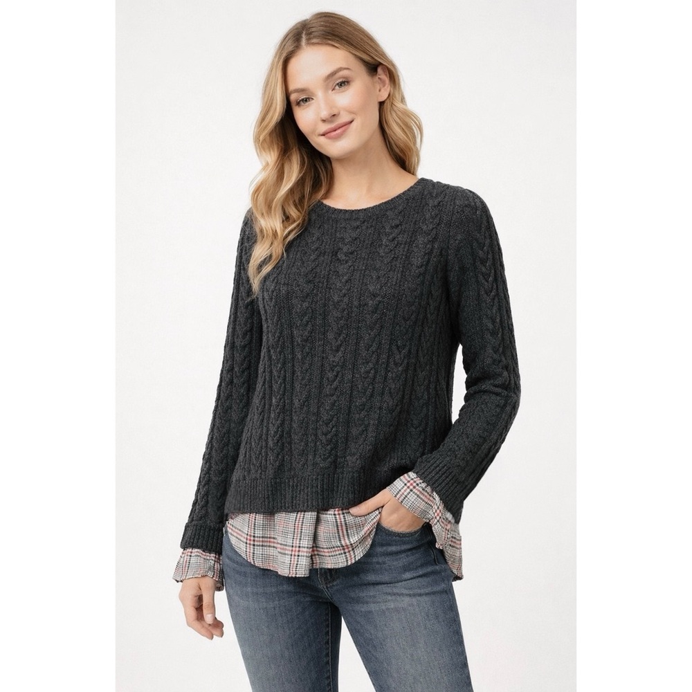 Boho Mixed Media Full-Cable Knit Chiffon Trim Crew-Neck Sweater Grey Size Small
